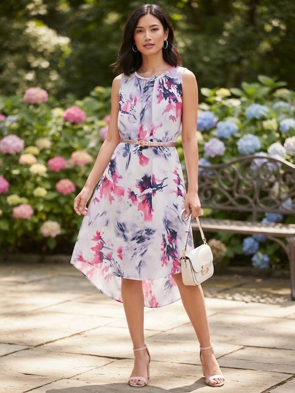 Vera Wang Blush and Indigo Watercolor Floral High-Low Mini Dress